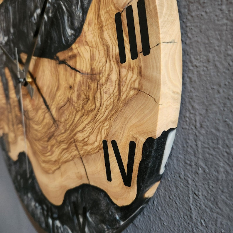 Black and White Epoxy Wall Clock, Custom Made Resin & Olive Wood Wall Clock, Made to order Epoxy and Olive Wood Wall Clock, Live Edge Clock BlackSeaResinWorks