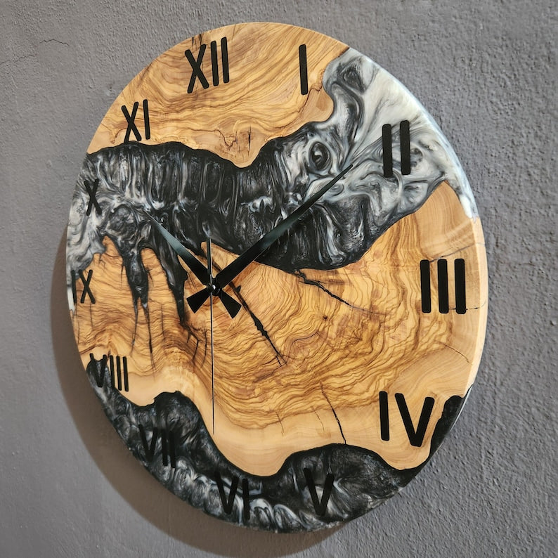 Black and White Epoxy Wall Clock, Custom Made Resin & Olive Wood Wall Clock, Made to order Epoxy and Olive Wood Wall Clock, Live Edge Clock BlackSeaResinWorks
