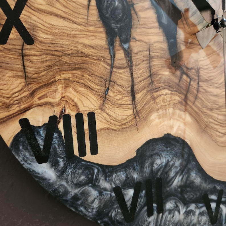 Black and White Epoxy Wall Clock, Custom Made Resin & Olive Wood Wall Clock, Made to order Epoxy and Olive Wood Wall Clock, Live Edge Clock BlackSeaResinWorks