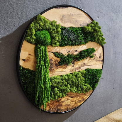 Moss and Olive Wood Wall Art, Custom Made Metal Frame Moss Wall Decor, Olive Wood and Moss Wall Art- Preserved Stabilized Moss Wall Decor BlackSeaResinWorks