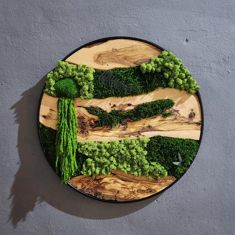 Moss and Olive Wood Wall Art, Custom Made Metal Frame Moss Wall Decor, Olive Wood and Moss Wall Art- Preserved Stabilized Moss Wall Decor BlackSeaResinWorks
