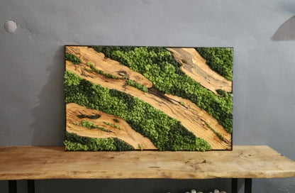 Moss & Wood Wall Art, Unique Custom Made Olive Wood And Moss Wall Decor, Rustic Greenery Decor, Hotel Lobby Wall Art Decor, Home Wall Decor BlackSeaResinWorks