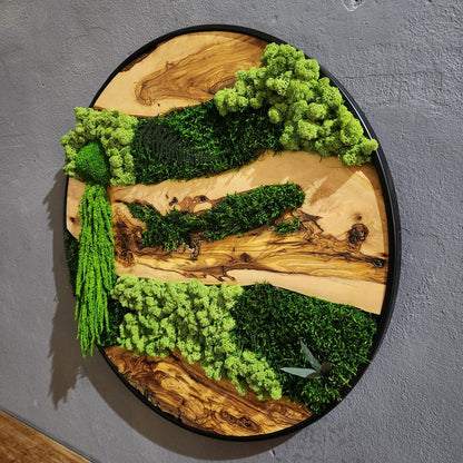 Moss and Olive Wood Wall Art, Custom Made Metal Frame Moss Wall Decor, Olive Wood and Moss Wall Art- Preserved Stabilized Moss Wall Decor BlackSeaResinWorks