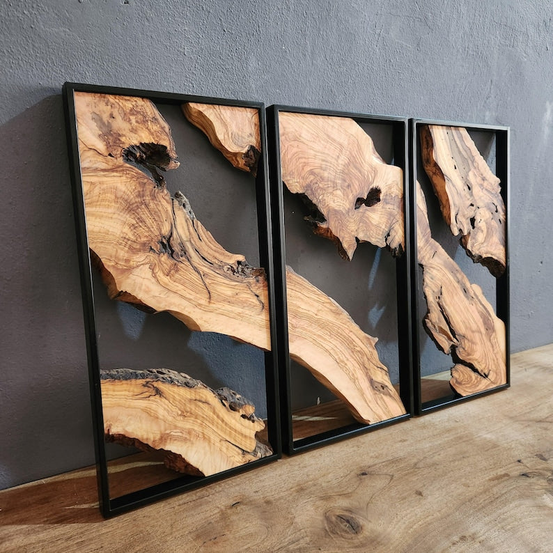 Set of 3 Metal and Wooden Wall Art, Olive Wood Wall Decor, Wood Wall Art, Rustic Wall Art, Live Edge Wood Decor, Modern Wall Art, Home Gift BlackSeaResinWorks