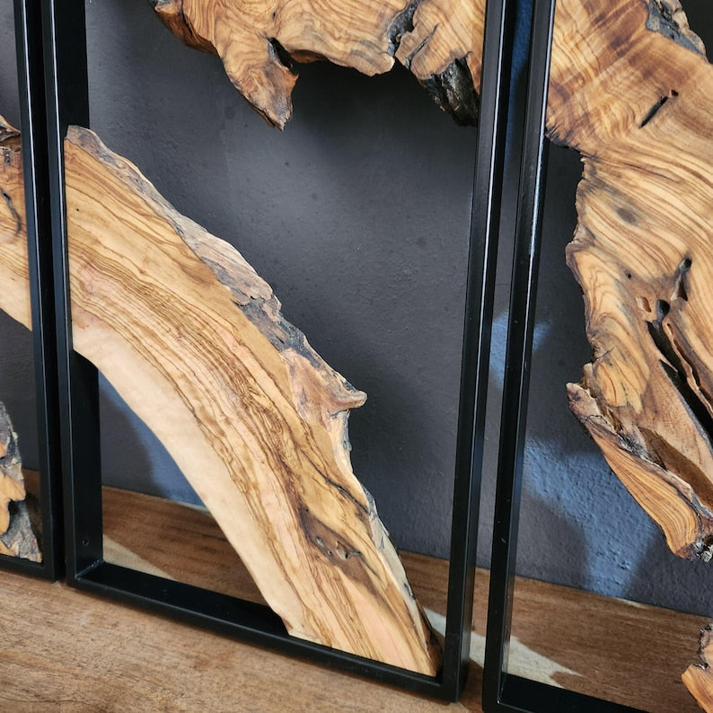 Set of 3 Metal and Wooden Wall Art, Olive Wood Wall Decor, Wood Wall Art, Rustic Wall Art, Live Edge Wood Decor, Modern Wall Art, Home Gift BlackSeaResinWorks
