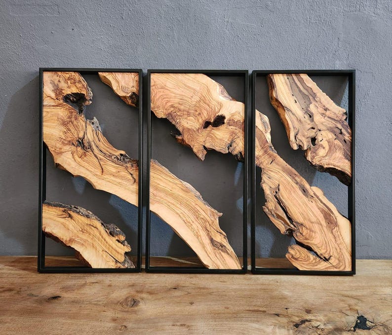 Set of 3 Metal and Wooden Wall Art, Olive Wood Wall Decor, Wood Wall Art, Rustic Wall Art, Live Edge Wood Decor, Modern Wall Art, Home Gift BlackSeaResinWorks