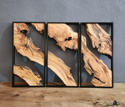 Set of 3 Metal and Wooden Wall Art, Olive Wood Wall Decor, Wood Wall Art, Rustic Wall Art, Live Edge Wood Decor, Modern Wall Art, Home Gift BlackSeaResinWorks