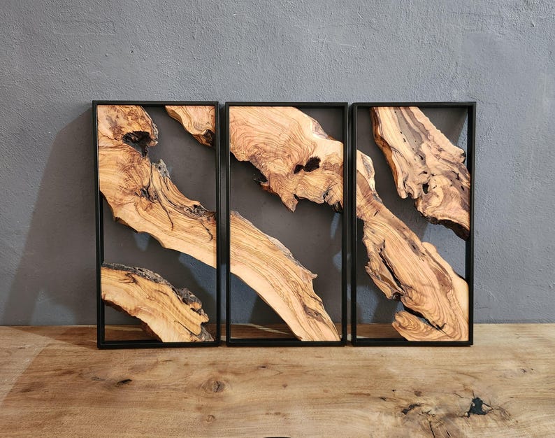Set of 3 Metal and Wooden Wall Art, Olive Wood Wall Decor, Wood Wall Art, Rustic Wall Art, Live Edge Wood Decor, Modern Wall Art, Home Gift BlackSeaResinWorks