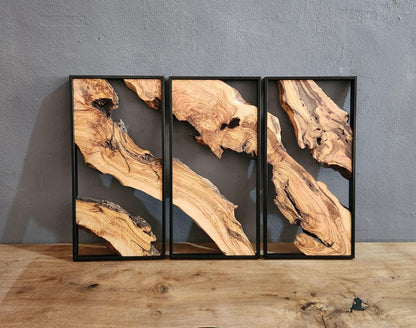 Set of 3 Metal and Wooden Wall Art, Olive Wood Wall Decor, Wood Wall Art, Rustic Wall Art, Live Edge Wood Decor, Modern Wall Art, Home Gift BlackSeaResinWorks