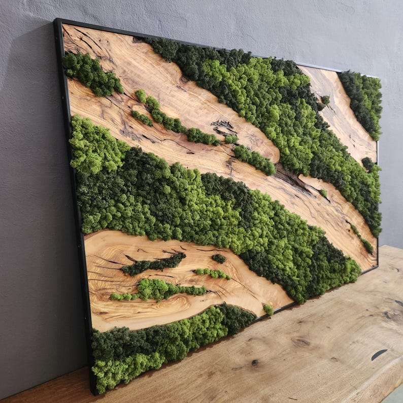 Moss & Wood Wall Art, Unique Custom Made Olive Wood And Moss Wall Decor, Rustic Greenery Decor, Hotel Lobby Wall Art Decor, Home Wall Decor BlackSeaResinWorks