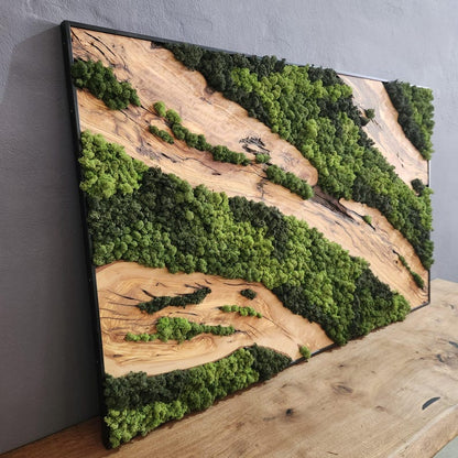 Moss & Wood Wall Art, Unique Custom Made Olive Wood And Moss Wall Decor, Rustic Greenery Decor, Hotel Lobby Wall Art Decor, Home Wall Decor BlackSeaResinWorks