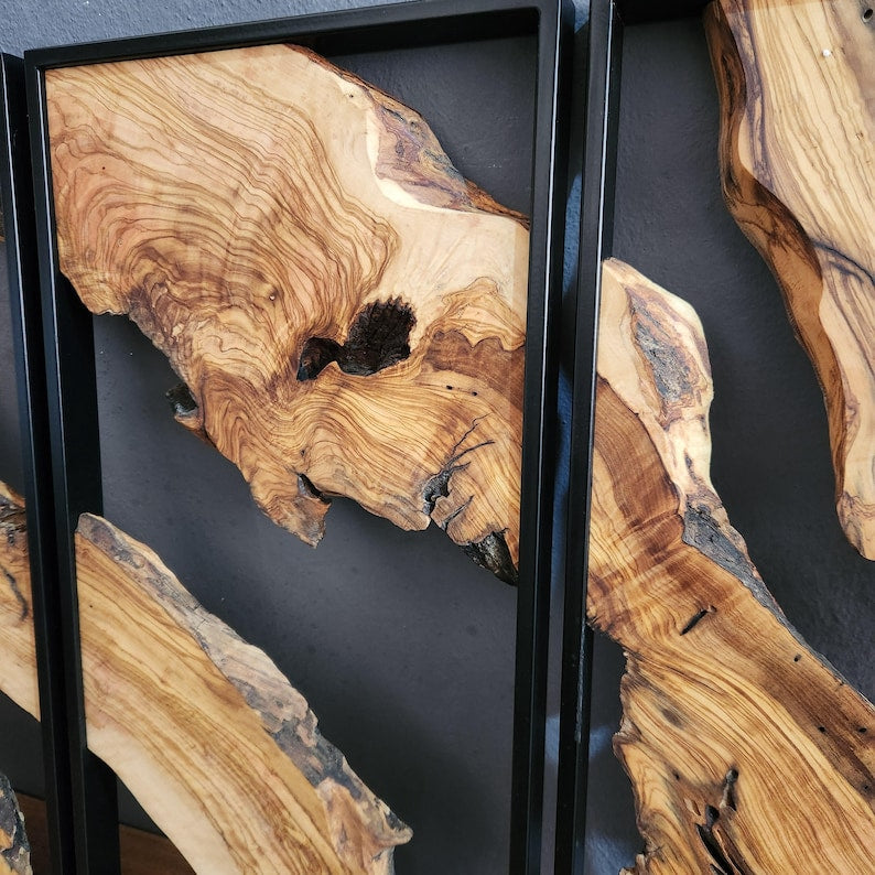 Set of 3 Metal and Wooden Wall Art, Olive Wood Wall Decor, Wood Wall Art, Rustic Wall Art, Live Edge Wood Decor, Modern Wall Art, Home Gift BlackSeaResinWorks