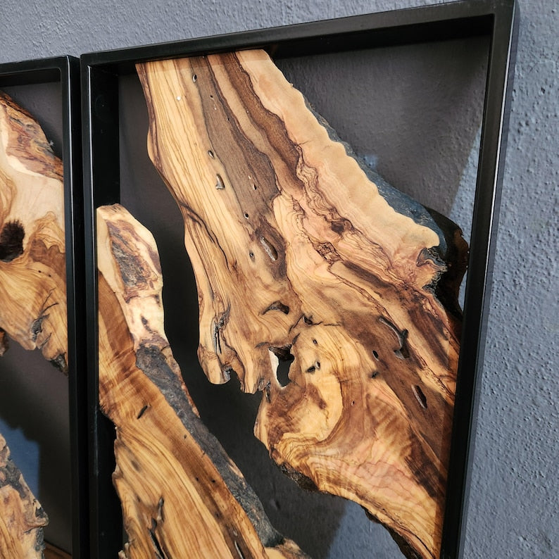 Set of 3 Metal and Wooden Wall Art, Olive Wood Wall Decor, Wood Wall Art, Rustic Wall Art, Live Edge Wood Decor, Modern Wall Art, Home Gift BlackSeaResinWorks