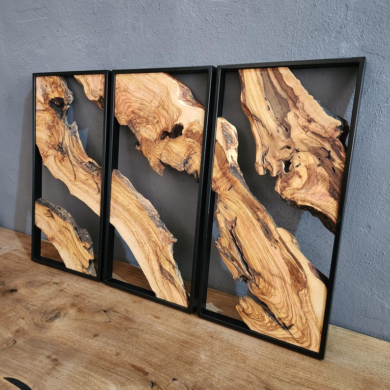 Set of 3 Metal and Wooden Wall Art, Olive Wood Wall Decor, Wood Wall Art, Rustic Wall Art, Live Edge Wood Decor, Modern Wall Art, Home Gift BlackSeaResinWorks