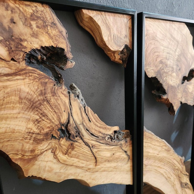 Set of 3 Metal and Wooden Wall Art, Olive Wood Wall Decor, Wood Wall Art, Rustic Wall Art, Live Edge Wood Decor, Modern Wall Art, Home Gift BlackSeaResinWorks