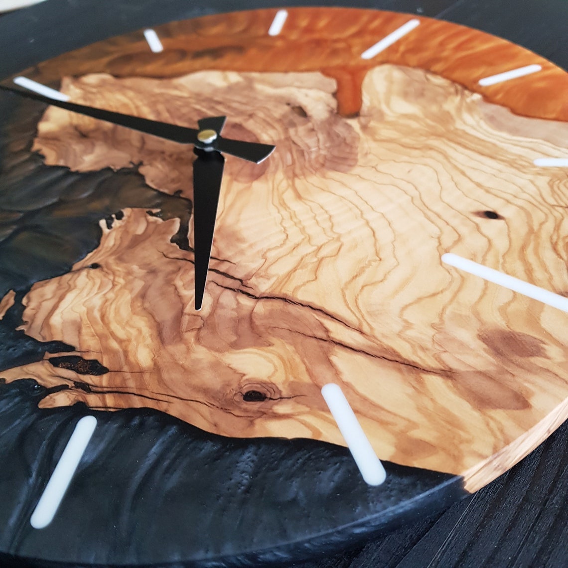 Handmade Epoxy and Olive Wood Wall Clock, Wall Decor, Large Wall Clock, Boho Wall Decor BlackSeaResinWorks