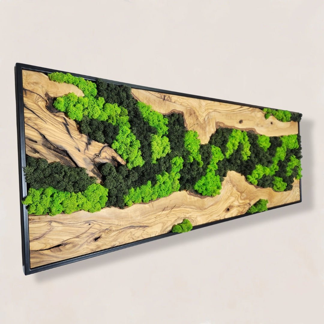 Moss Wall Decor, Custom Made Moss and Olive Wood Wall Art, Metal Frame, Olive Wood and Moss Wall Art- Preserved Stabilized Moss Wall Decor