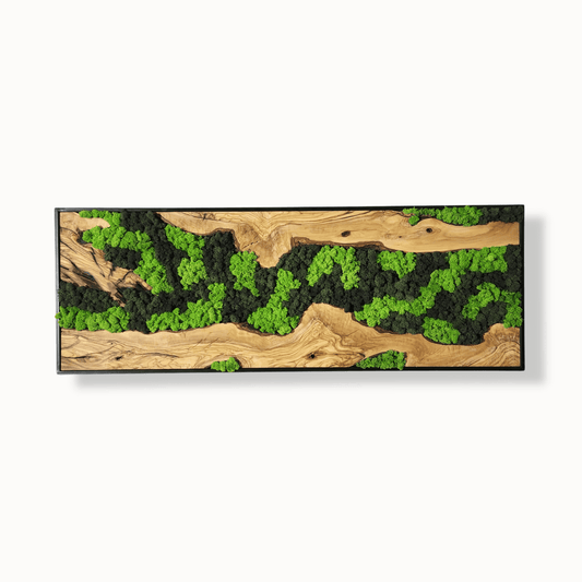 Moss Wall Decor, Custom Made Moss and Olive Wood Wall Art, Metal Frame, Olive Wood and Moss Wall Art- Preserved Stabilized Moss Wall Decor