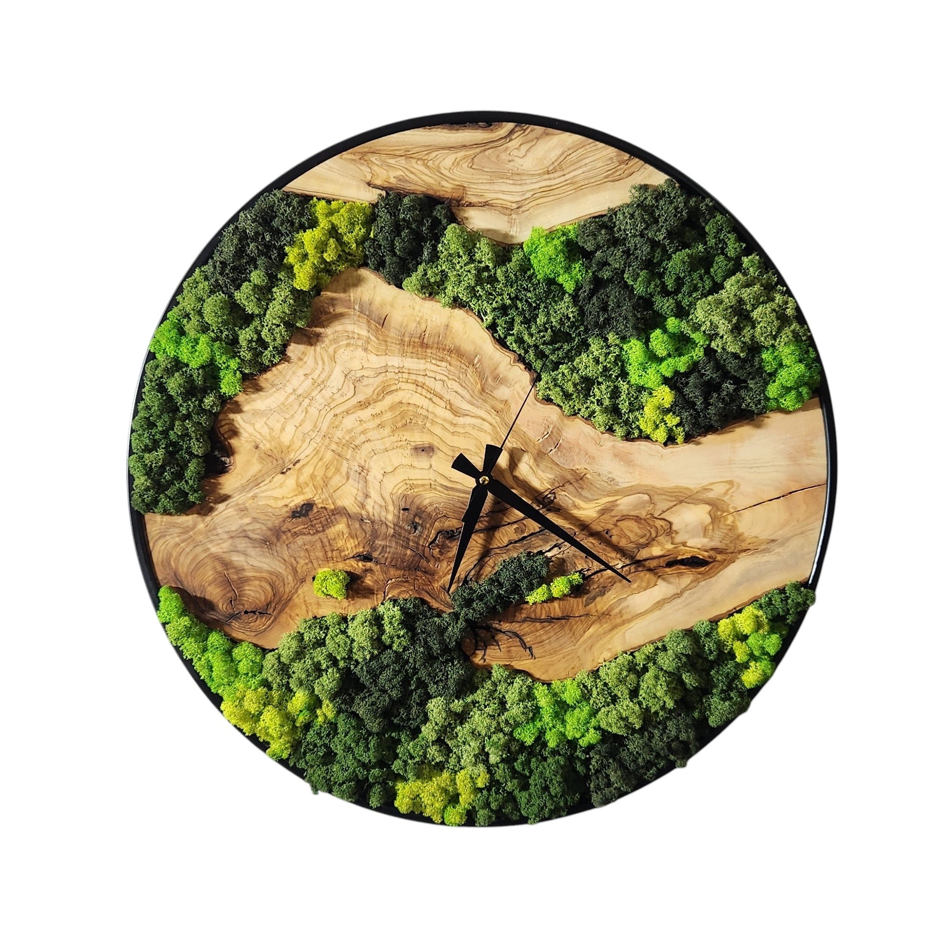 Custom Moss Olive Wood Wall Clock, Metal and Olive Wooden Wall Clock, Olive Wooden Wall Clock & Moss Wall Art, Preserved Stabilized Moss BlackSeaResinWorks