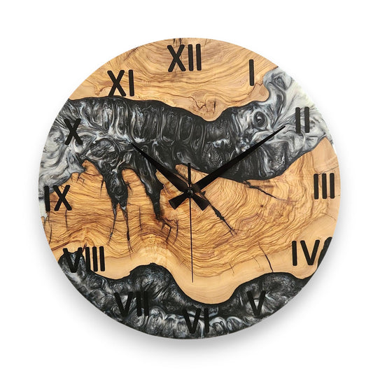 Black and White Epoxy Wall Clock, Custom Made Resin & Olive Wood Wall Clock, Made to order Epoxy and Olive Wood Wall Clock, Live Edge Clock BlackSeaResinWorks