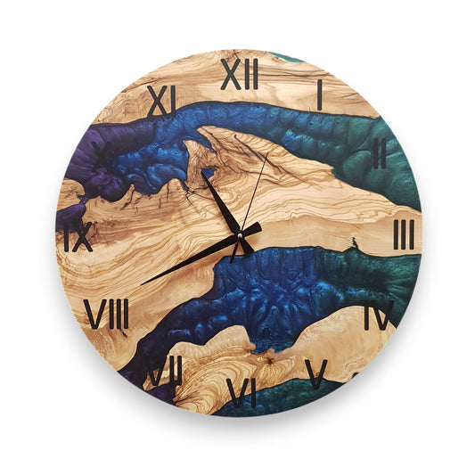 Custom Made Resin & Olive Wood Wall Clock, Epoxy and Olive Wood Wall Clock, Christmas Gift, Live Edge Rustic Olive Wood Wall Clock, Timeless BlackSeaResinWorks