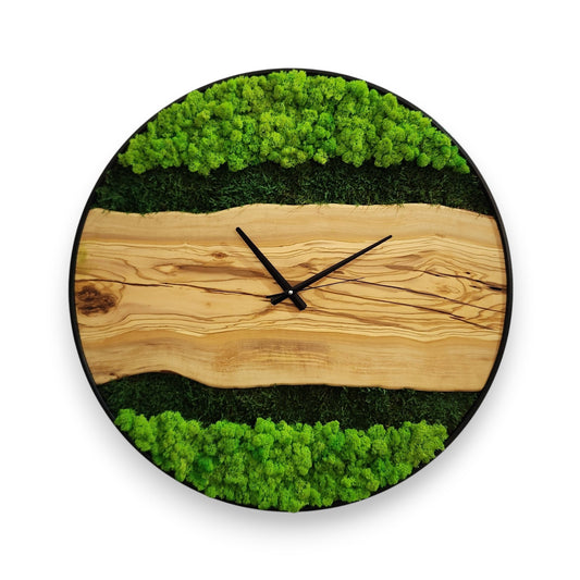 Olive Wood Wall Clock, Metal and Olive Wooden Wall Clock, Olive Wooden Wall Clock & Moss Wall Art, Preserved Stabilized Moss